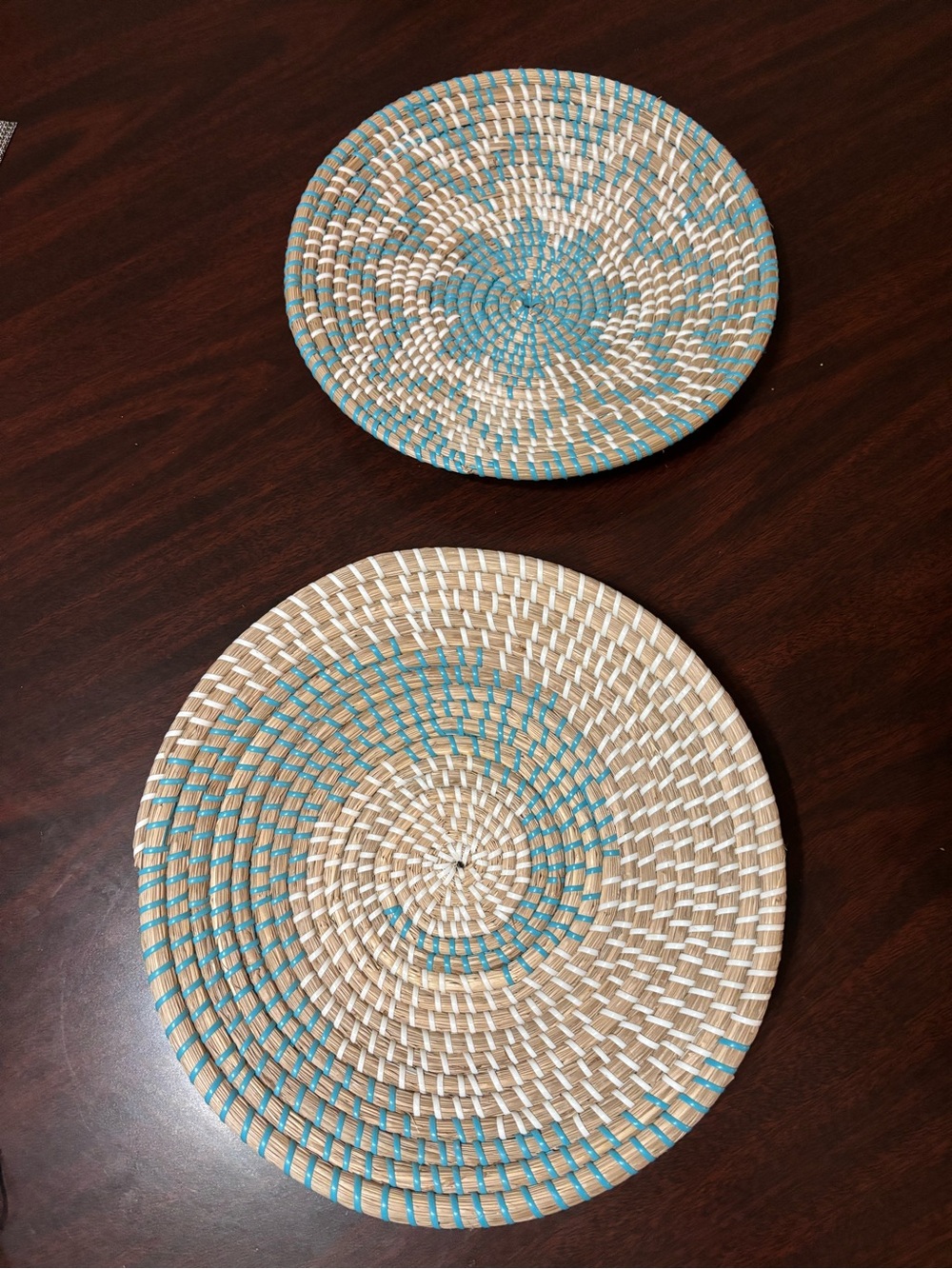 Handwoven Round Hand Woven Tray / Wall Hanging, Natural & Teal Set of 2